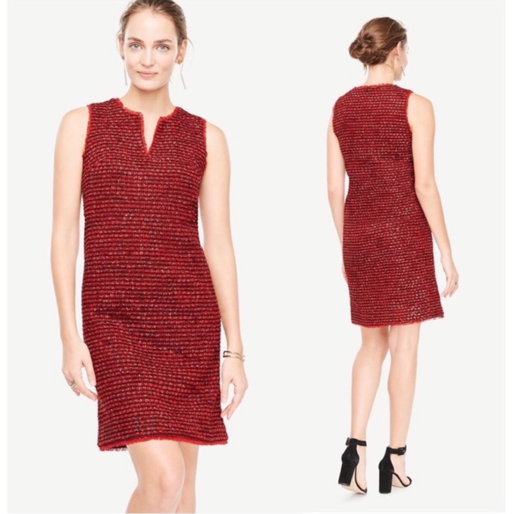 NEW Ann Taylor Petite Red Fringe Tweed Shift Dress Women’s 2P Sleeveless